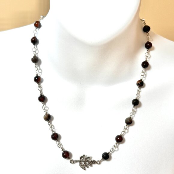 Genuine Dark Brown Agate Necklace, Natural Gemstone & Silver Leaf Branch Pendant - Picture 2 of 14